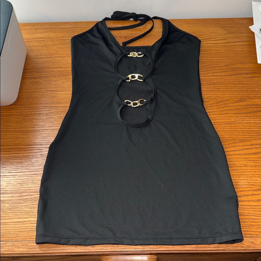 Chic Black Halter Top with Gold Accents